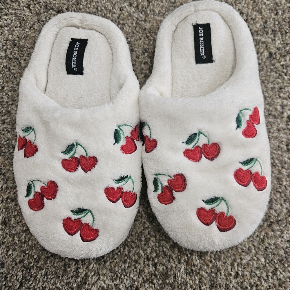 Joe Boxer White Slippers with Cherry Design